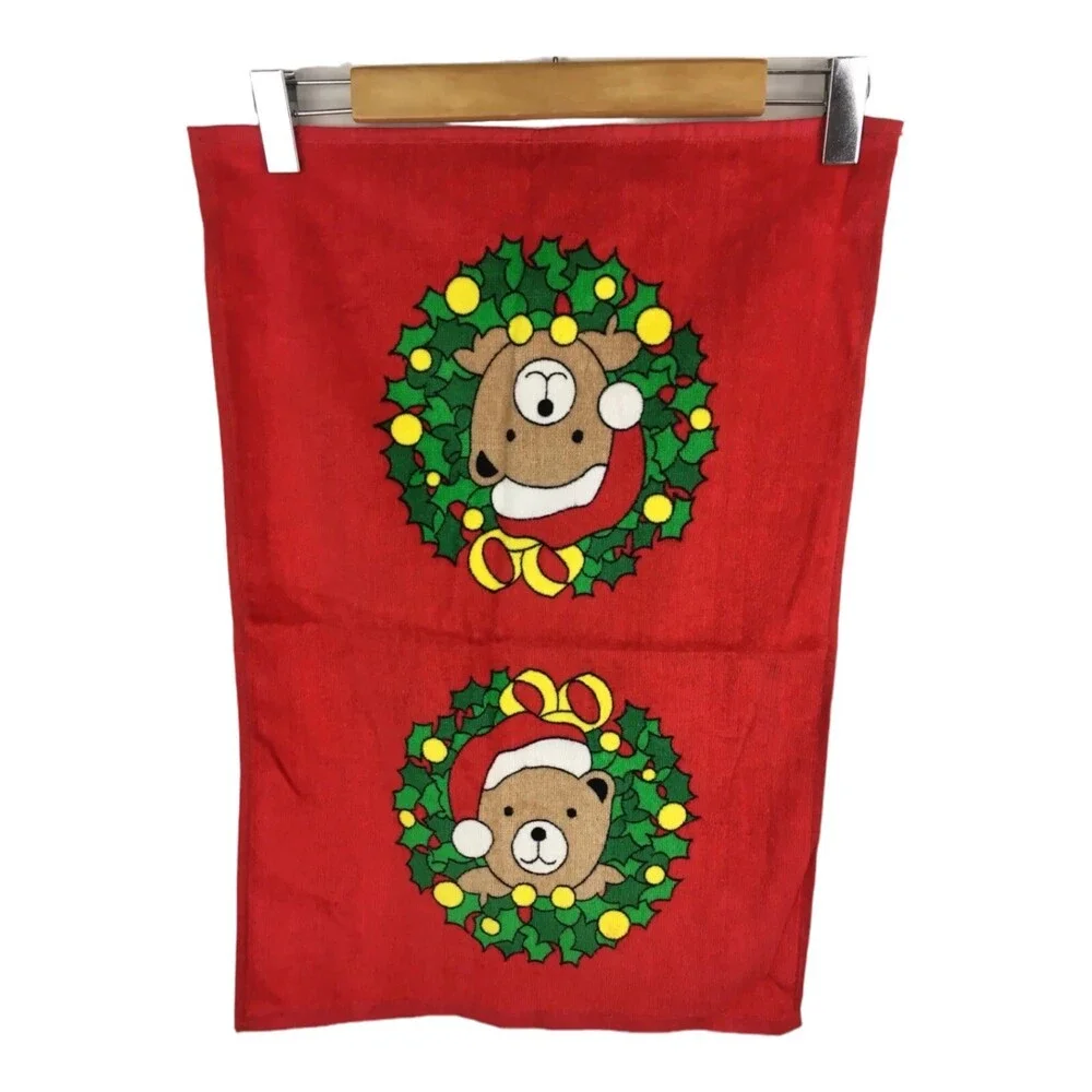 Vintage 80s Christmas Hilasal Santa Bear Wreath 100% Cotton Hand Towel Bathroom